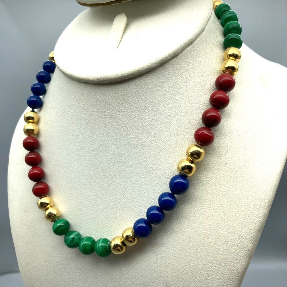 Vintage Art Glass Beaded Strand in Gold Tone and Primary Colors, Red Blue